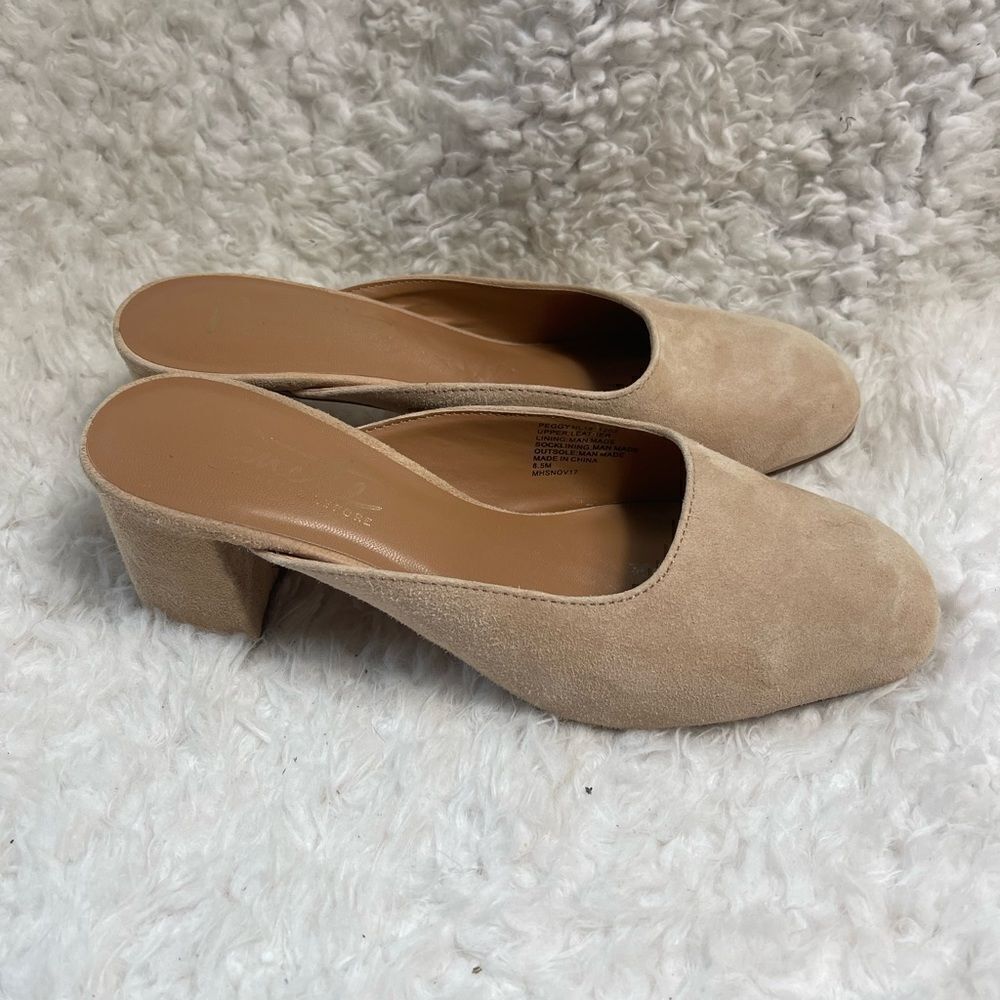 Nanette Lepore Peggy leather suede khaki mules 2.5” block heels Size 8.5